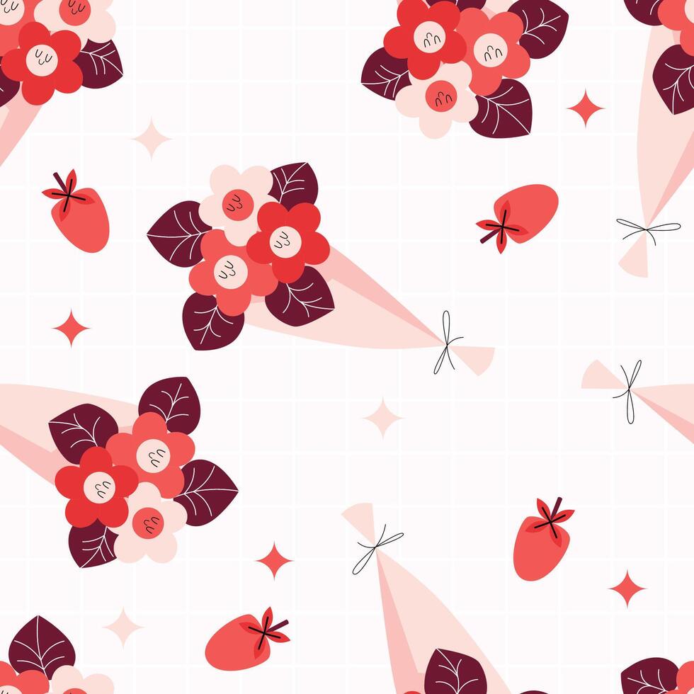 Seamless Floral Pattern With Bouquets and Red Petals on White Background vector