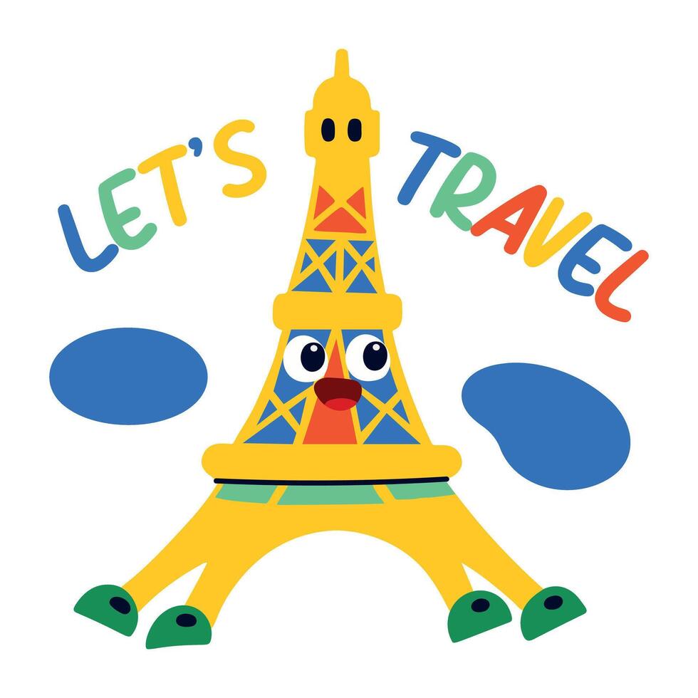 A flat sticker of eiffel tower with lets travel typography vector