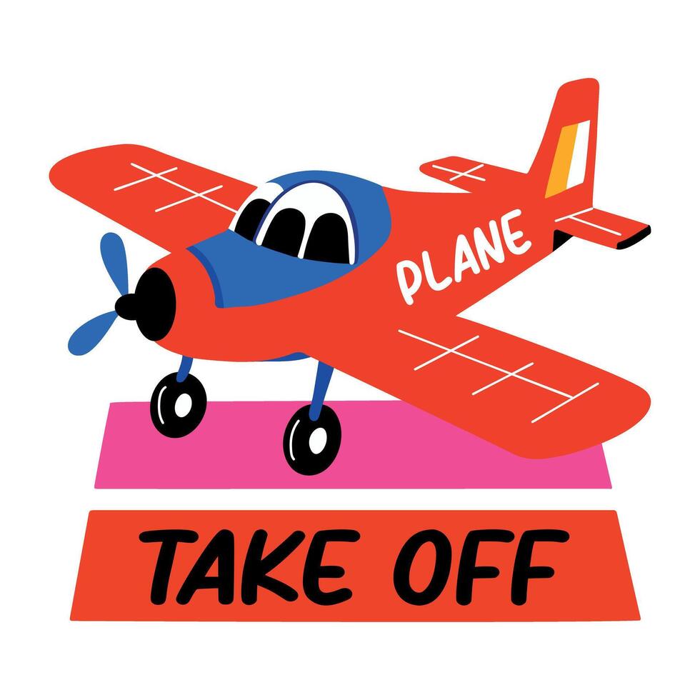 A flat style sticker of a plane with take off typography vector