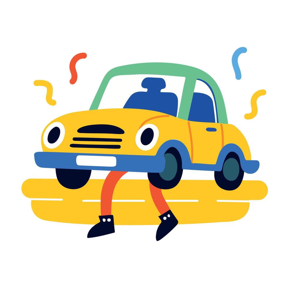 A travel car with legs walking on a road, flat style sticker vector