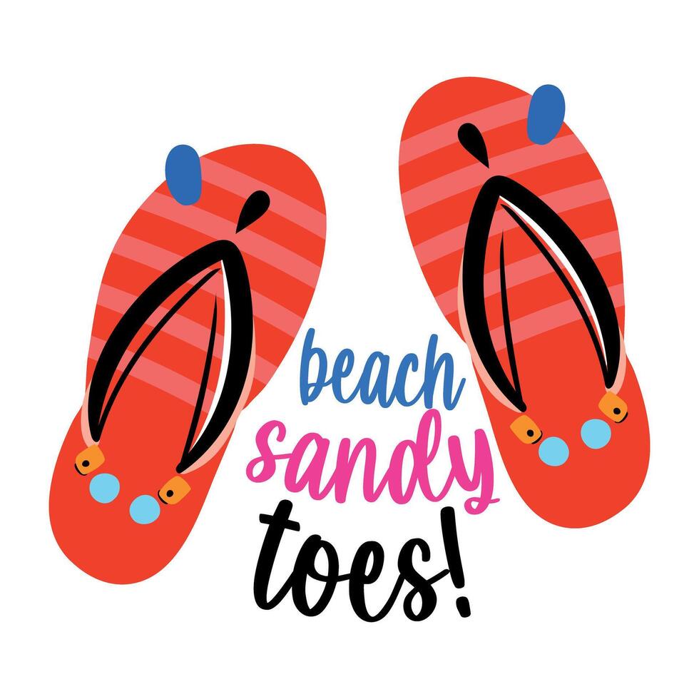 Flat sticker of a pair of beach slippers with the text beach sandy toes vector