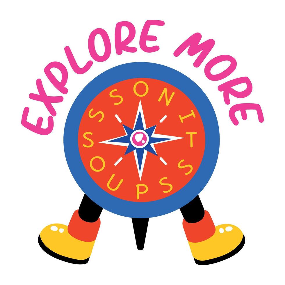 Flat sticker of a compass with legs and the text explore more vector
