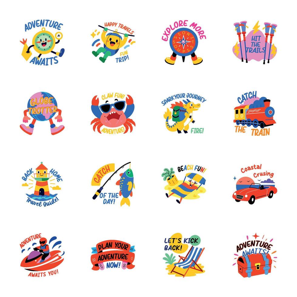 Bundle of Adventure Activities Flat Stickers vector