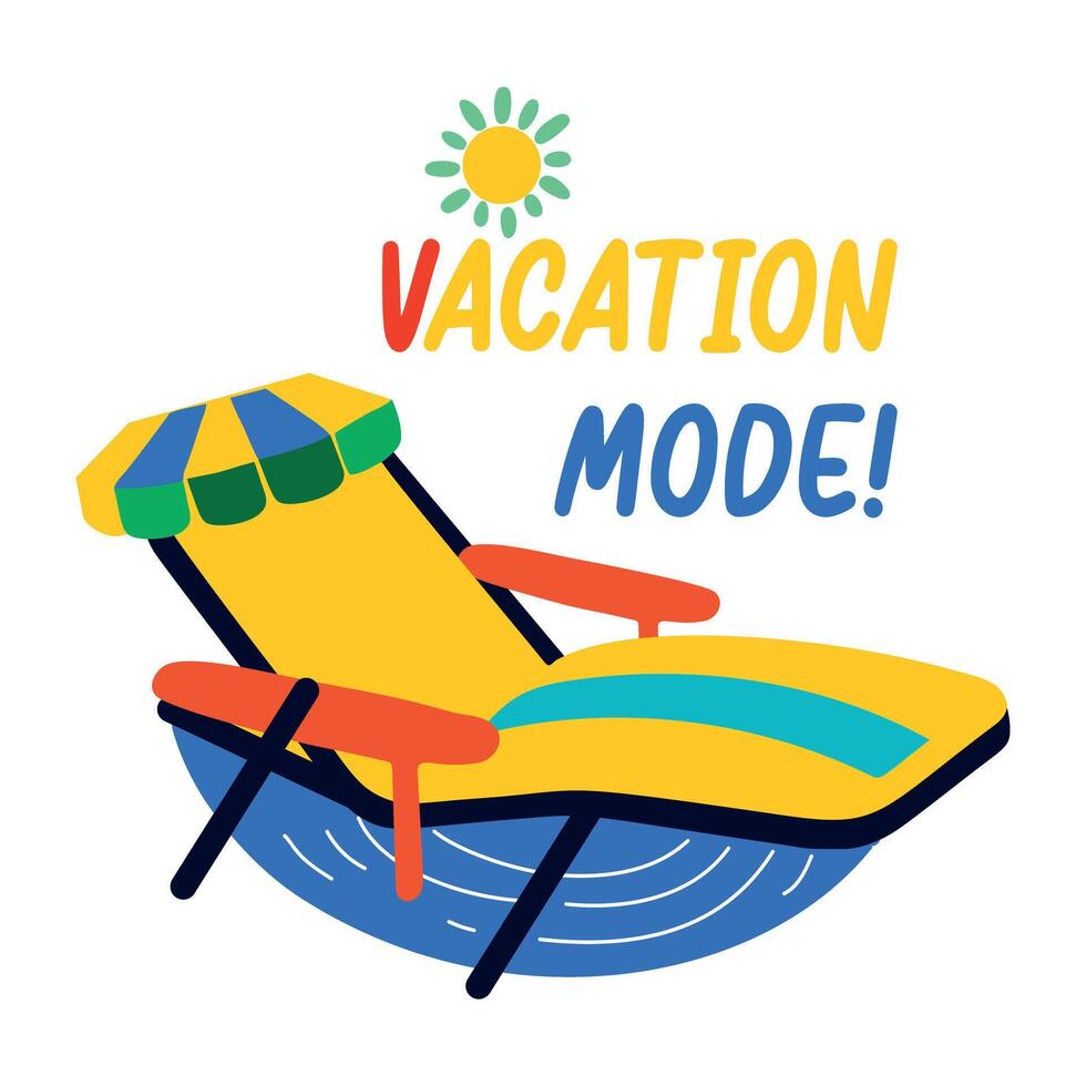 Flat sticker of a beach chair with text vacation mode vector