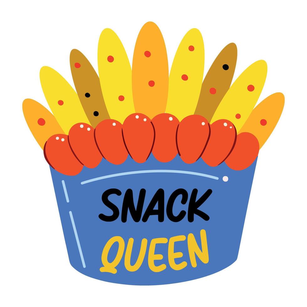 A flat sticker of fries pack with snack queen typography vector