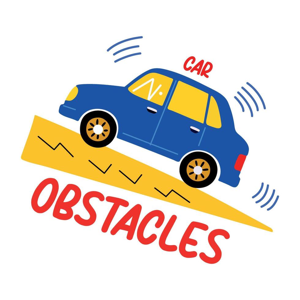 A flat sticker of a car inclining on a slope with obstacles typography vector