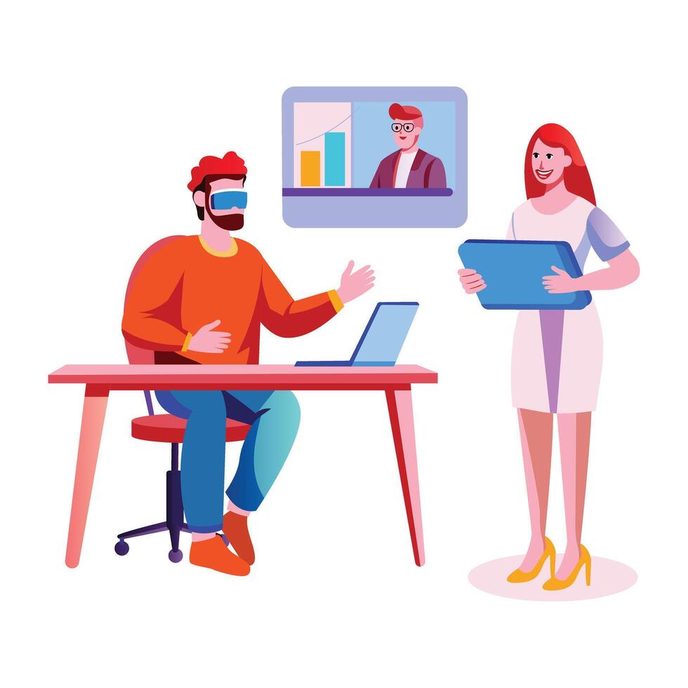 A flat illustration of a person doing vr meeting with his boss vector