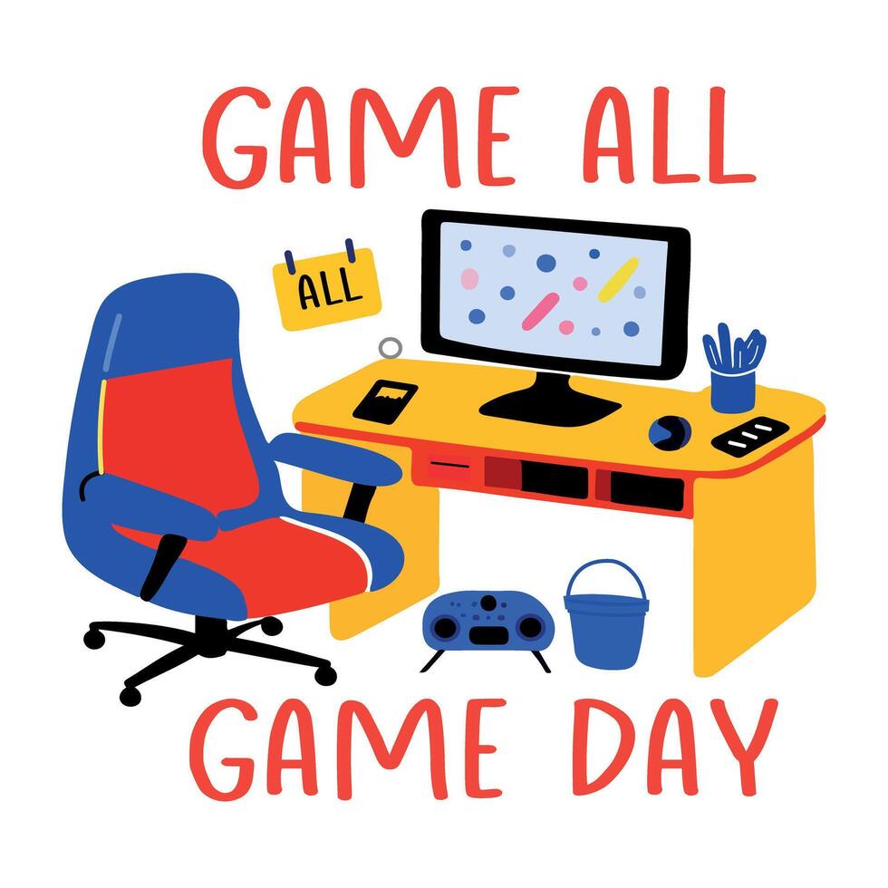 A flat sticker of gaming system with game day typography vector