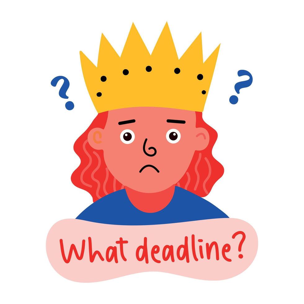 A flat sticker of a sad character asking what deadline vector