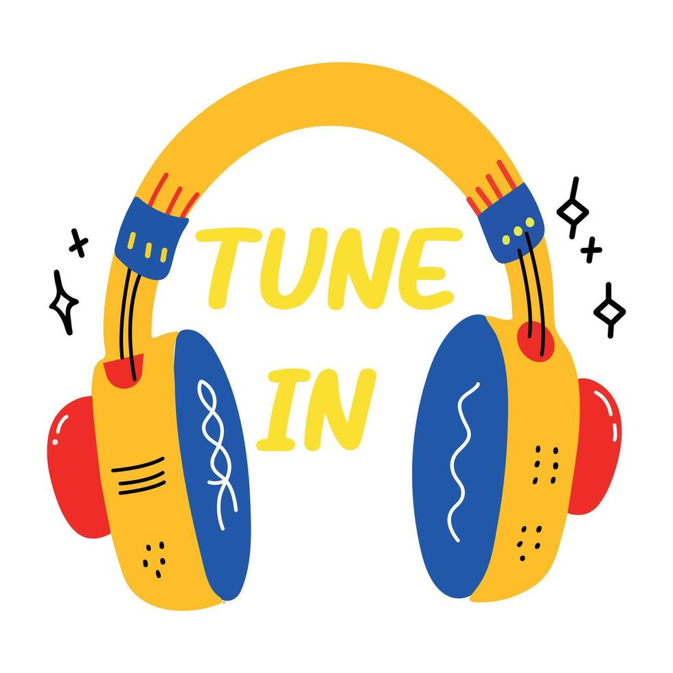 A flat sticker of a headphone with tune in typography vector