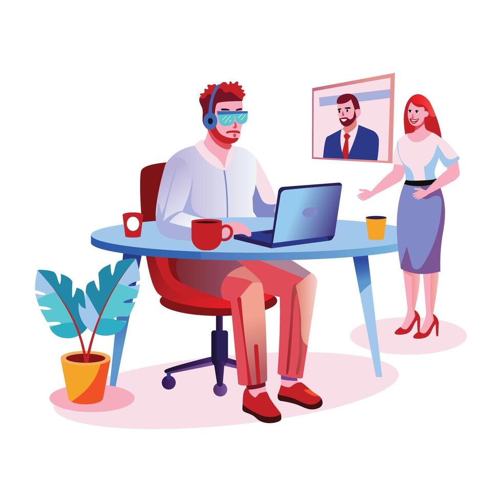 A flat illustration of a man doing remote work vector