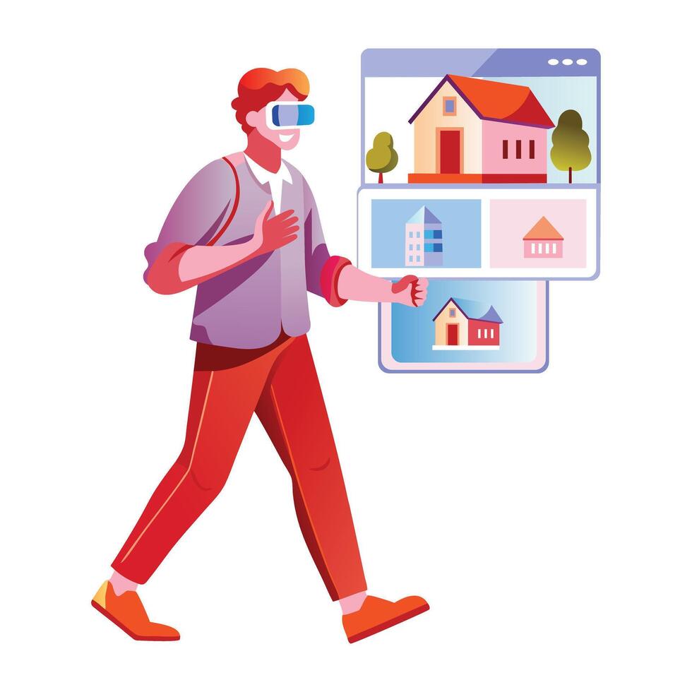 A flat illustration of a character viewing vr property vector
