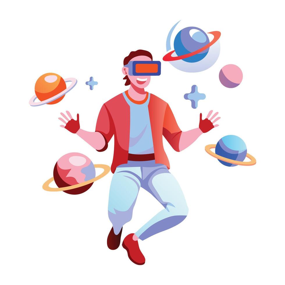 A flat illustration of a character wearing virtual reality glasses vector