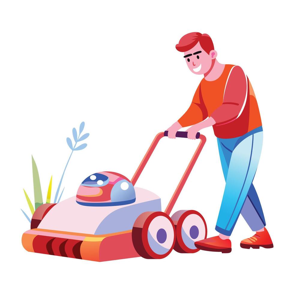 A flat illustration of a character cutting grass with robot mower vector