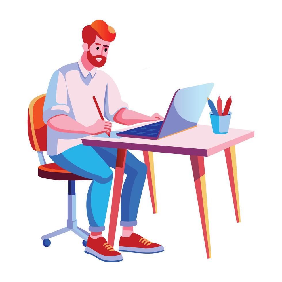 A flat illustration of a man doing online working from home vector