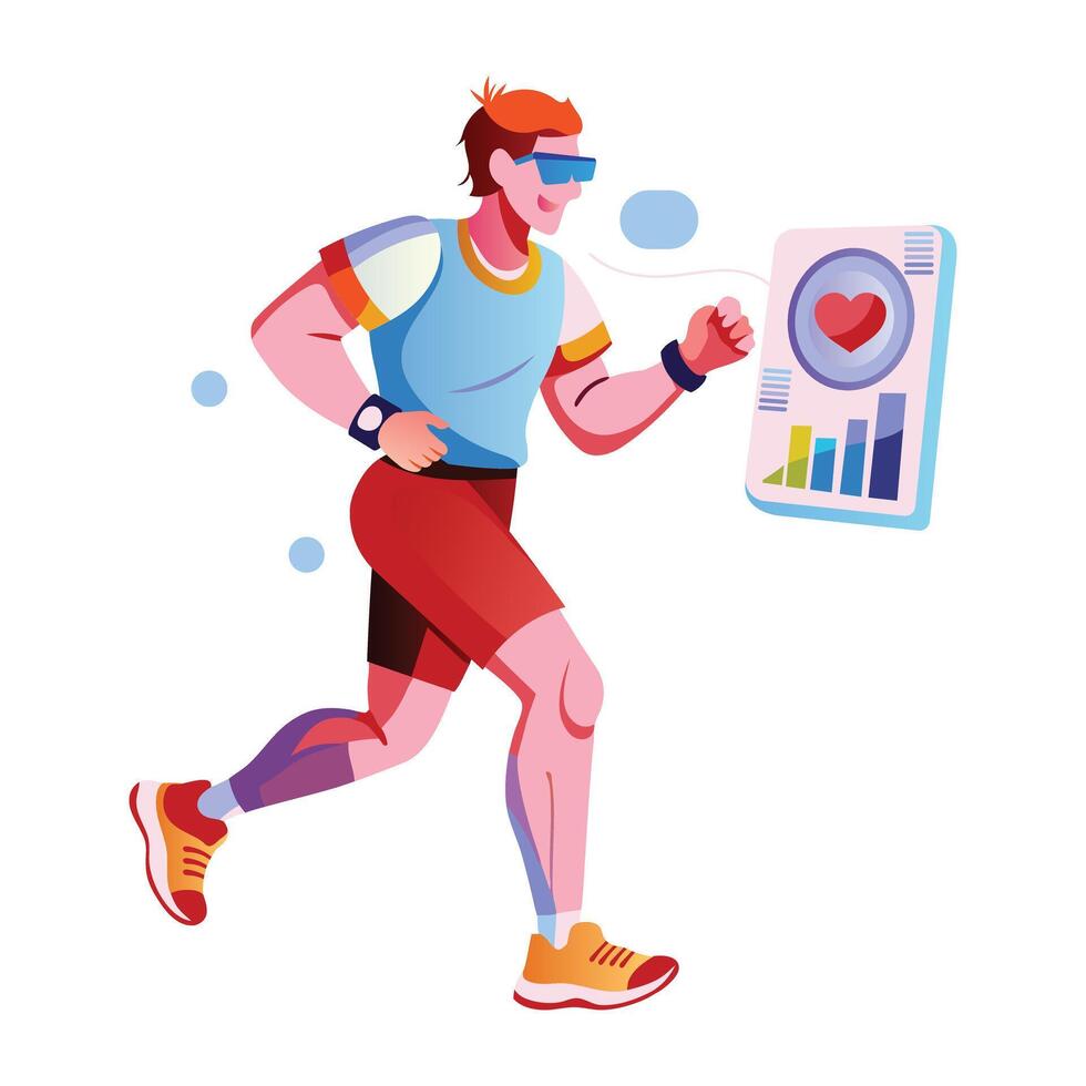 A flat illustration of jogging man wearing fitness tracking device vector