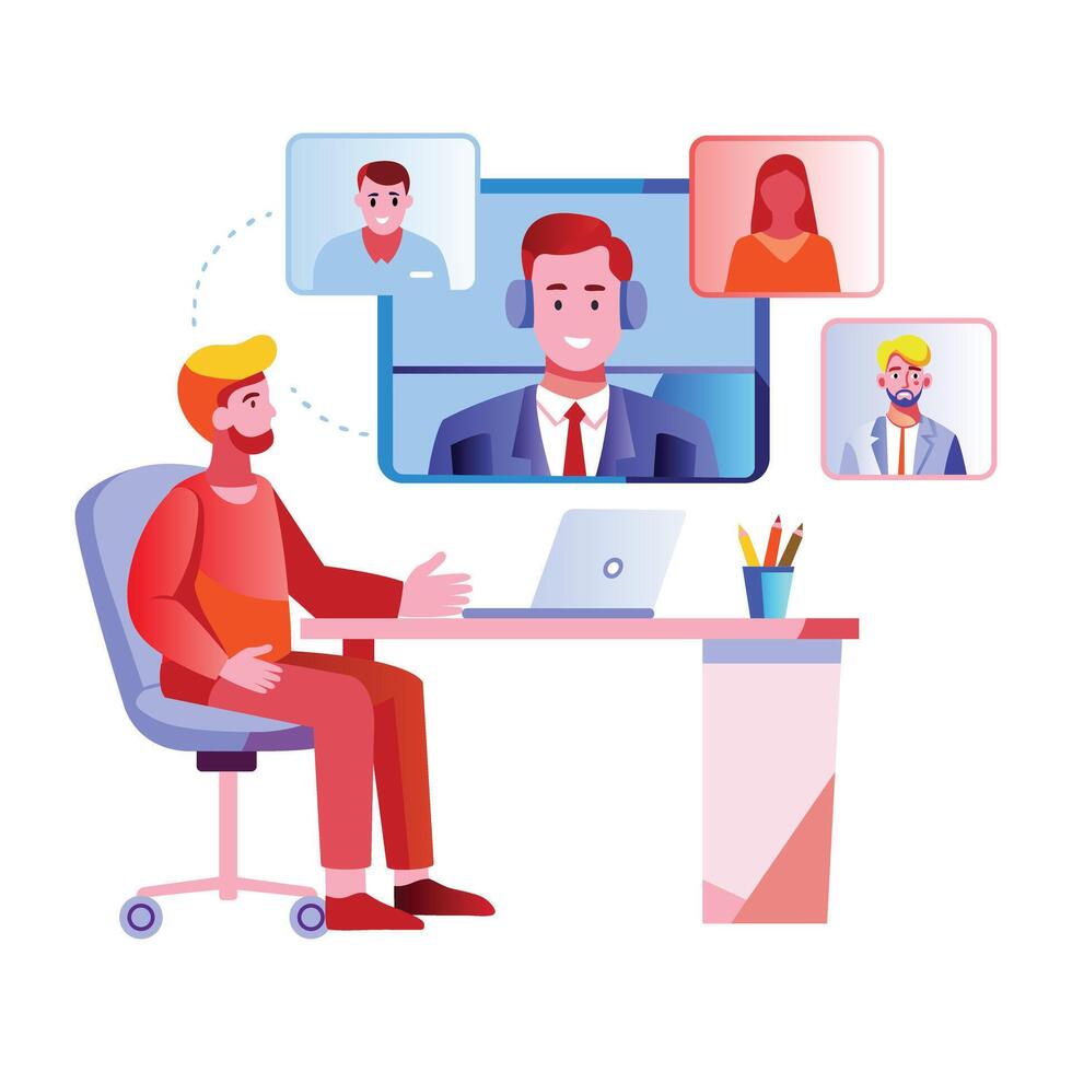 A flat illustration of characters doing online meeting vector