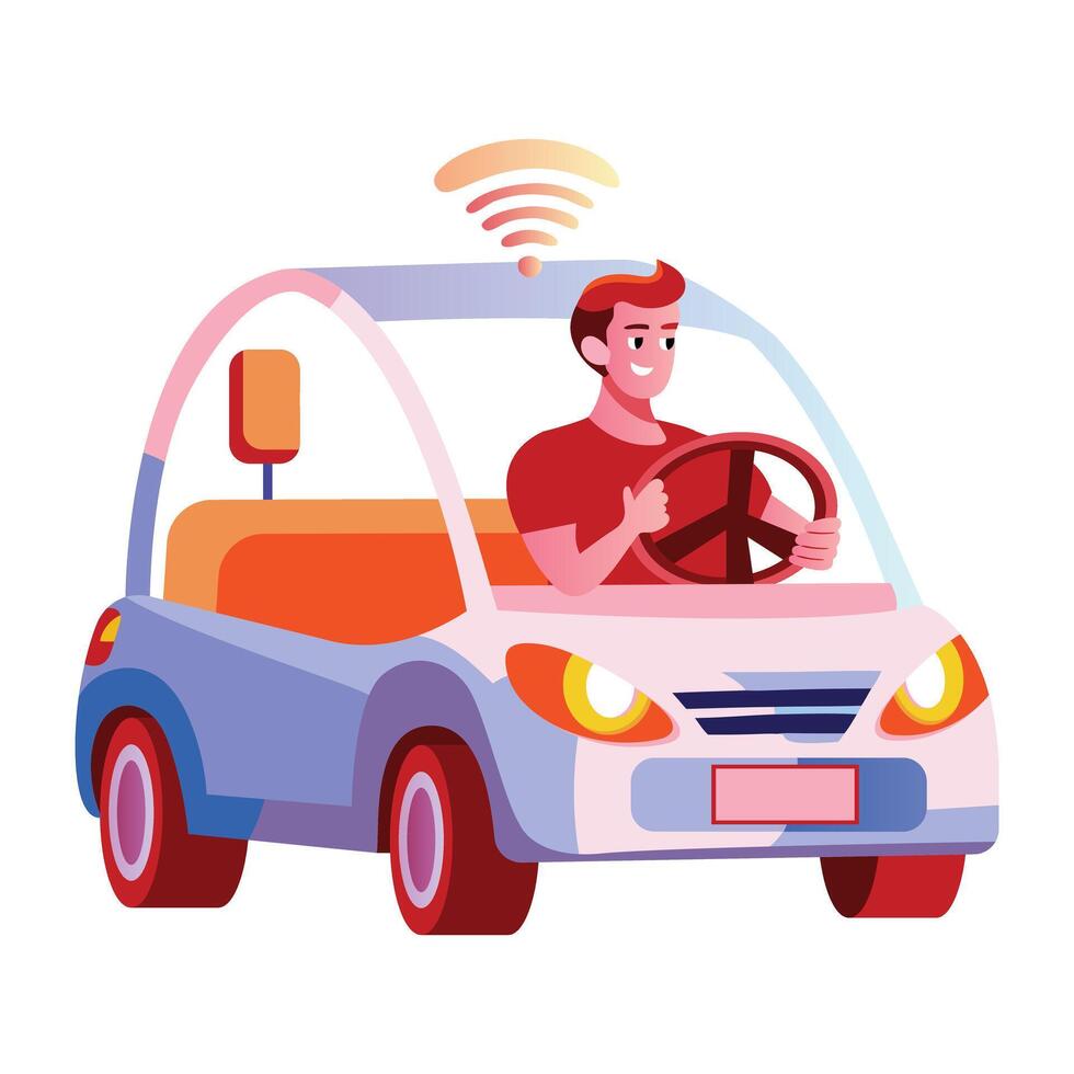 A man driving a smart car, flat style illustration vector