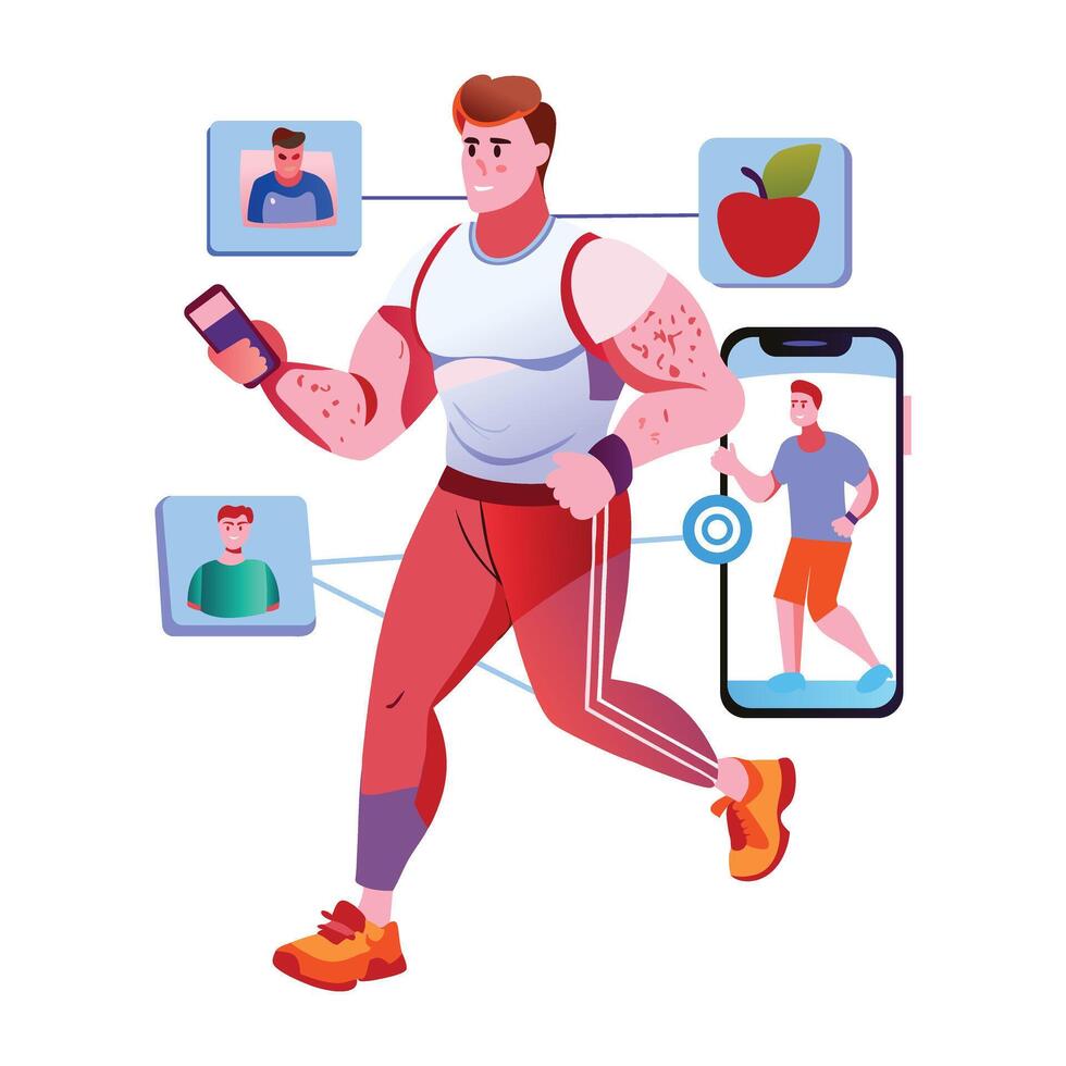 A flat illustration of jogging character having fitness app in his phone vector