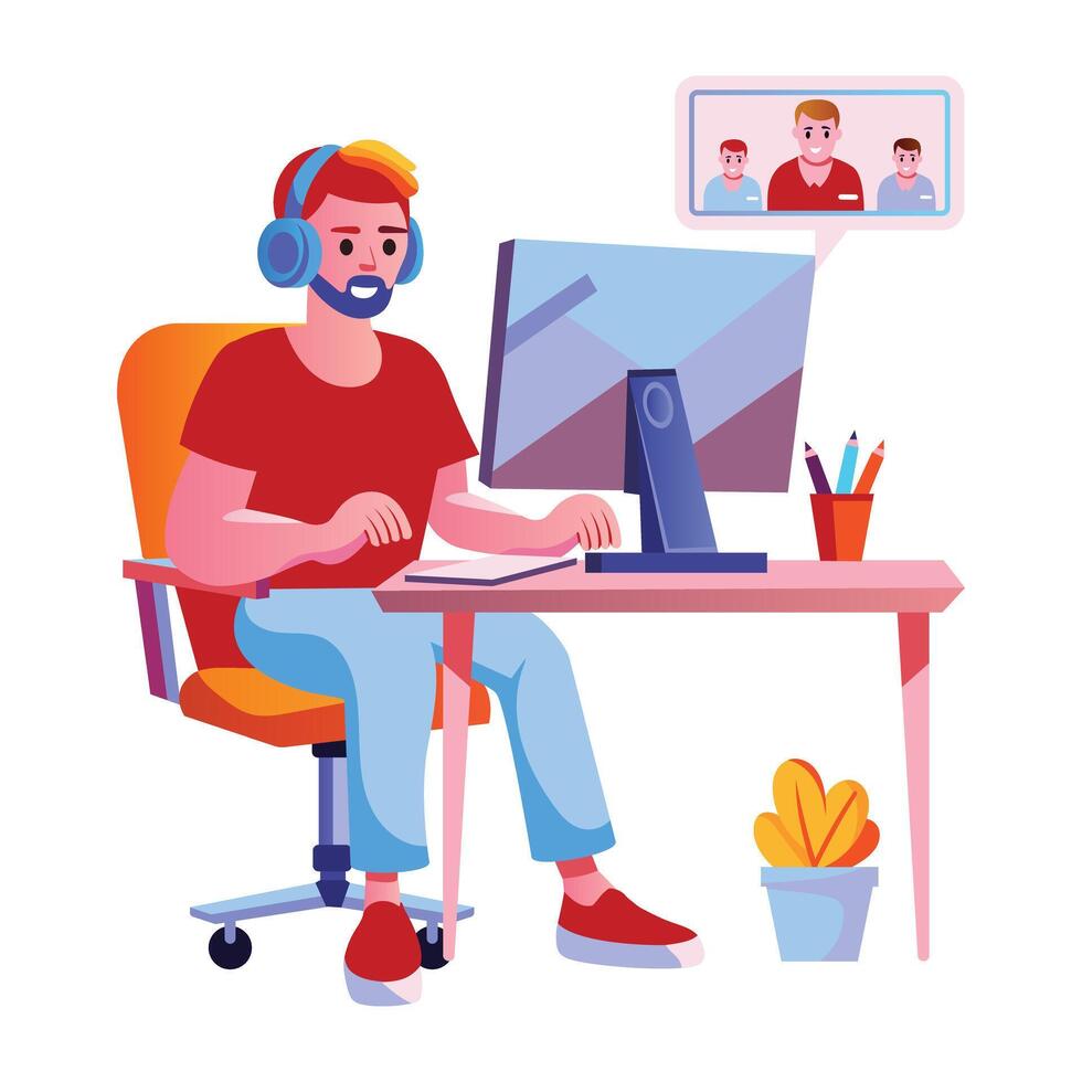 A gamer playing games on system, flat style illustration vector