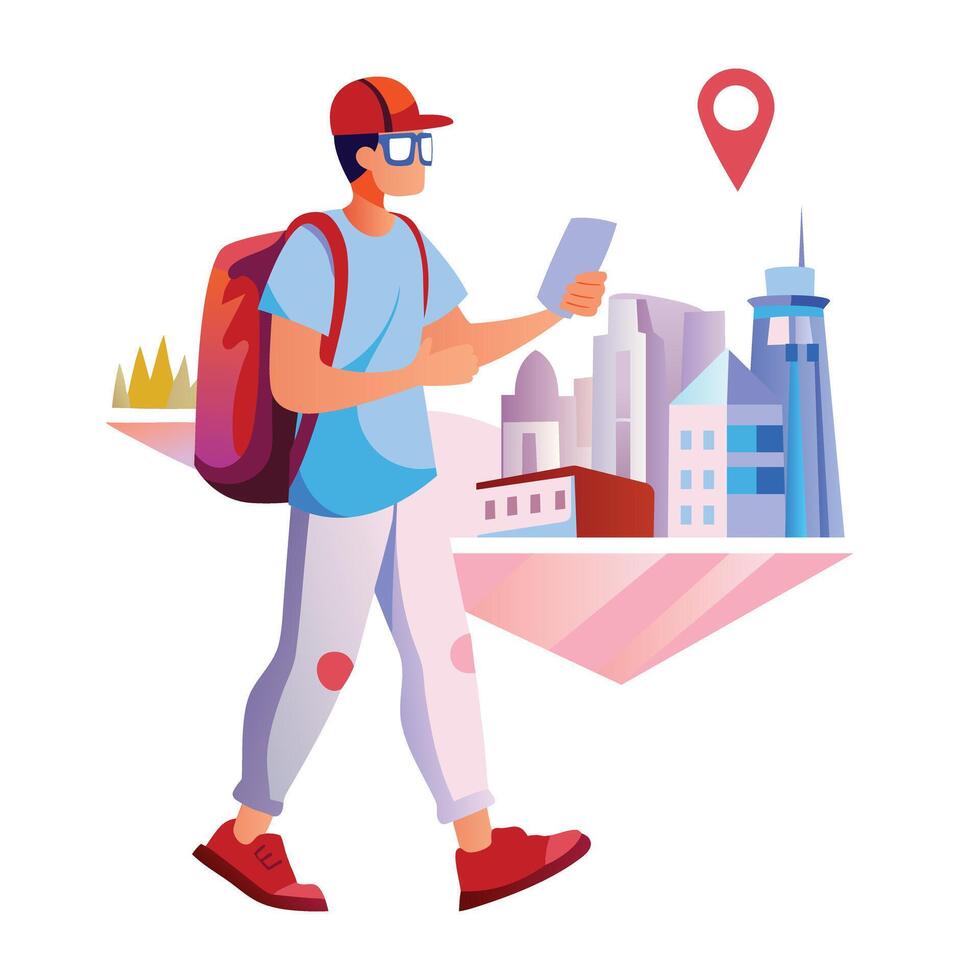A flat illustration of a character using navigation app to reach its destination vector