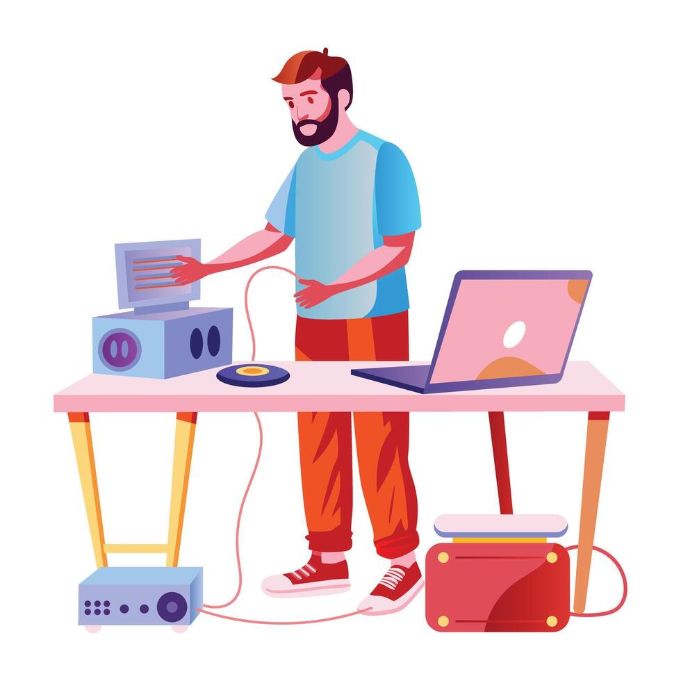 A man install his desk setup, flat style illustration vector