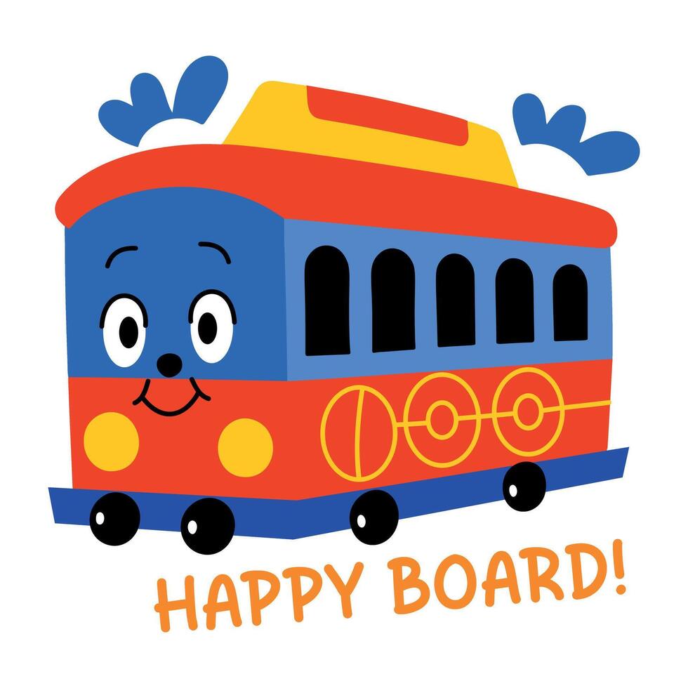 A sticker of a cute tram with the text happy boardflat style vector