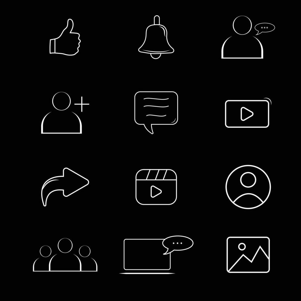 Social icon set. Unique thumbs up, follow, notification bell, Editable share, comment, chat, message, reels, , and image file icons. vector