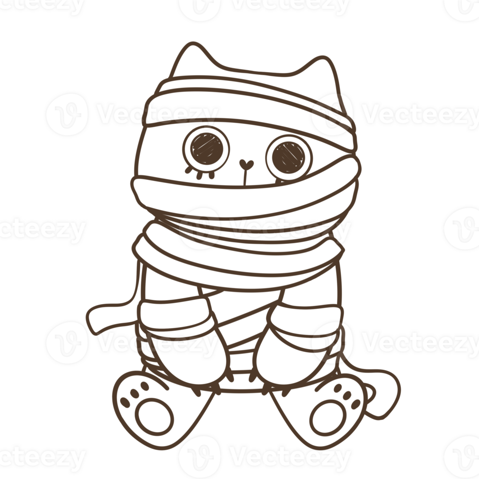 Halloween Mummy Cat Doodle Outline Illustration png