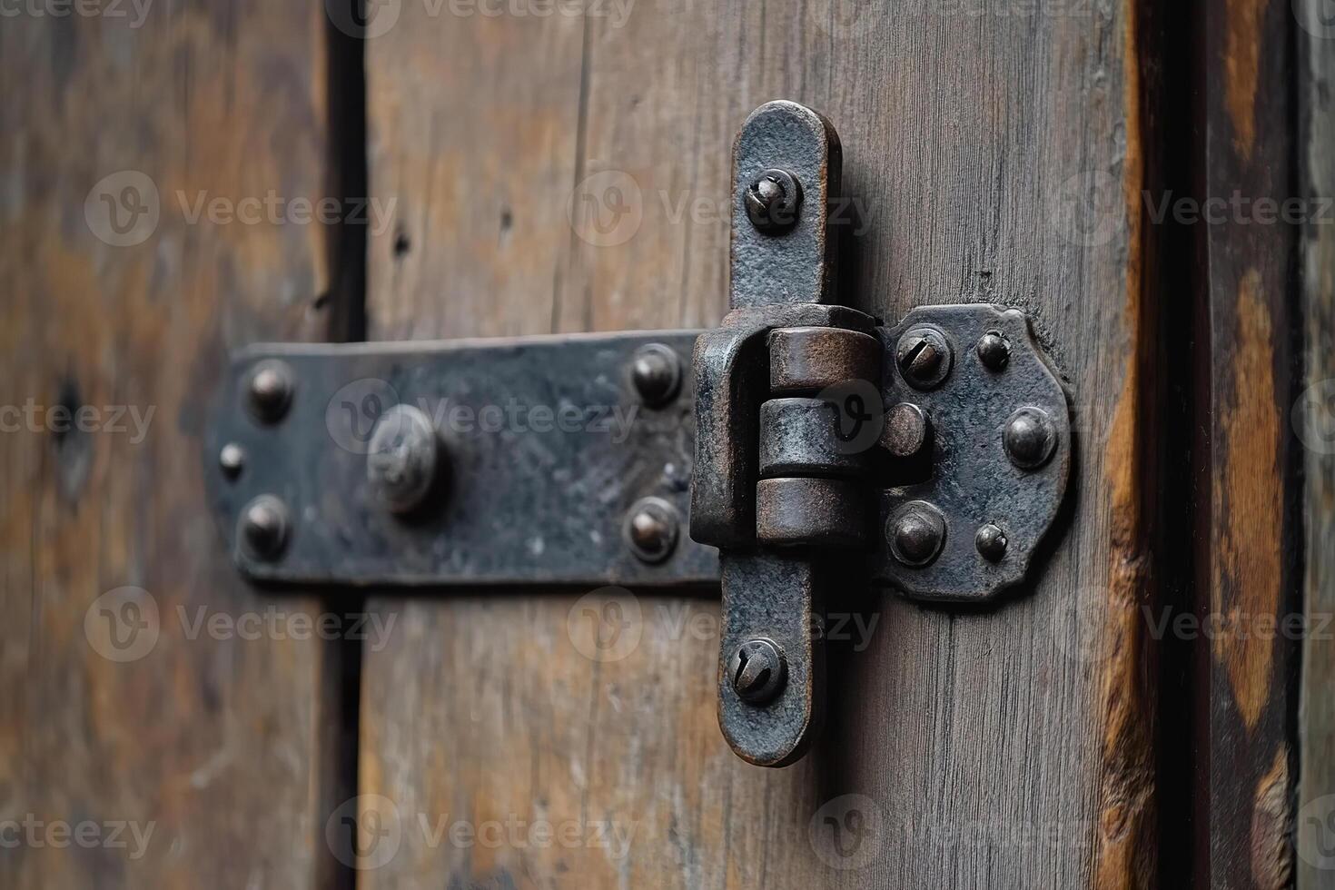 Rustic iron hinge on weathered wooden door close up. photo