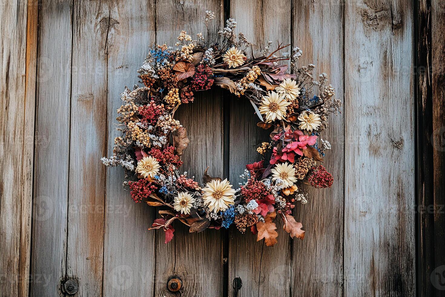 Intricate autumn wreath made from dried flowers and leaves on rustic wooden door. photo