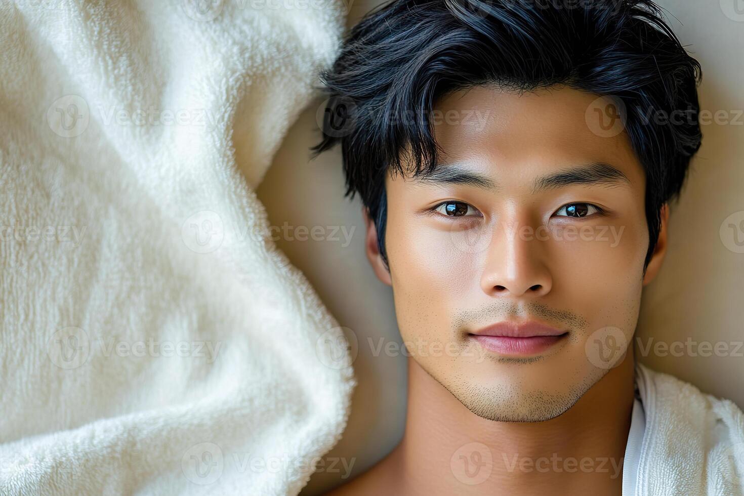 Asian man with dark hair lies on a white towel, beauty and spa concept. photo