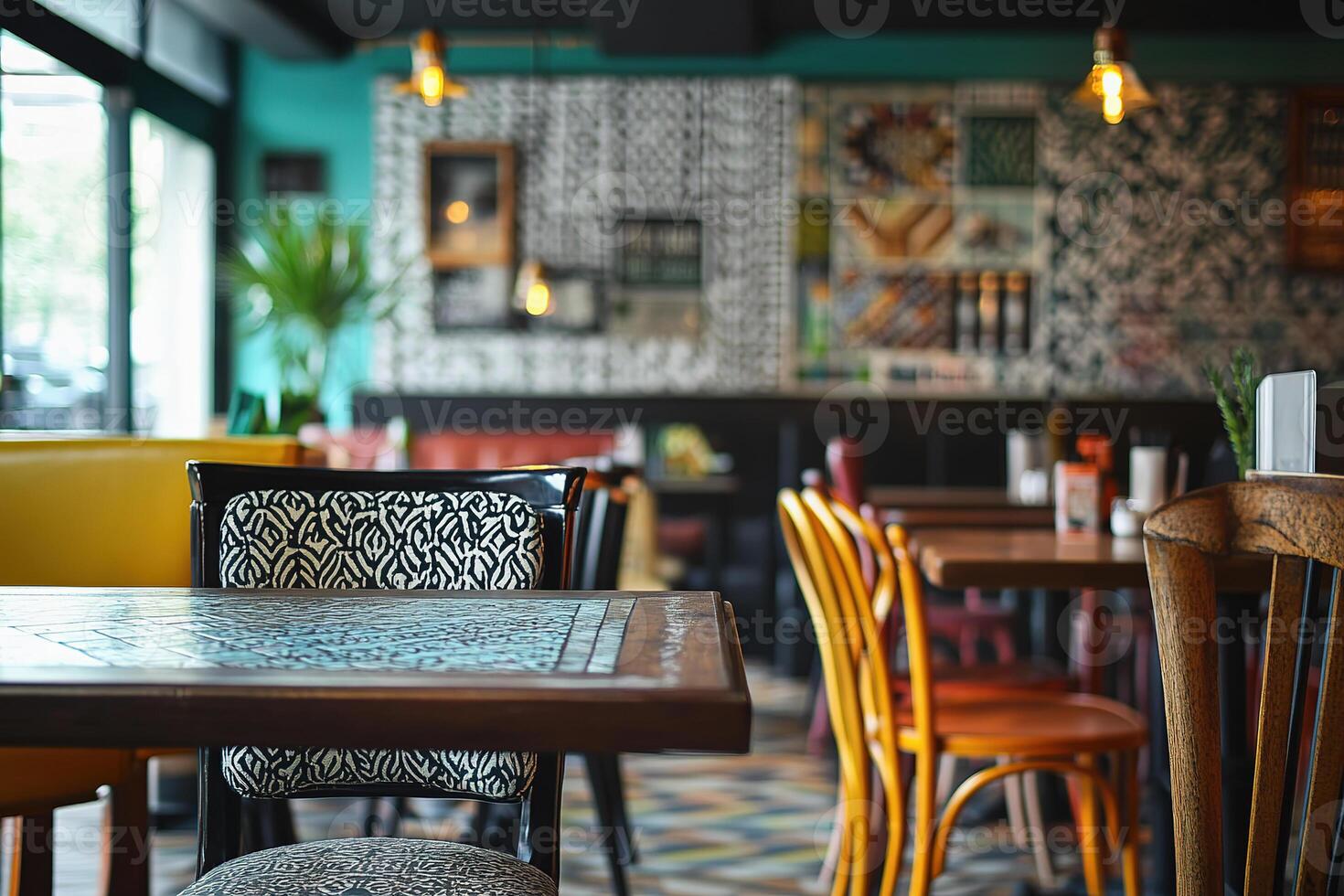 Eclectic restaurant interior with mix of colorful furnishings and inviting decor. photo