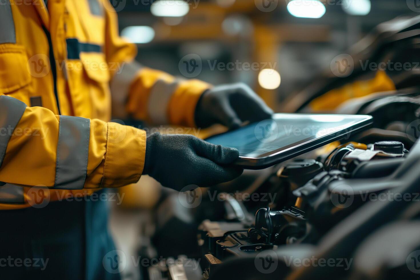Technician using tablet for vehicle diagnostics in a repair workshop. photo