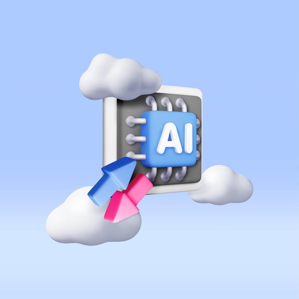 3d AI Chip with arrows in clouds. Render artificial intelligence chipset icon. AI processor in business, science and work. Computer semiconductor part vector