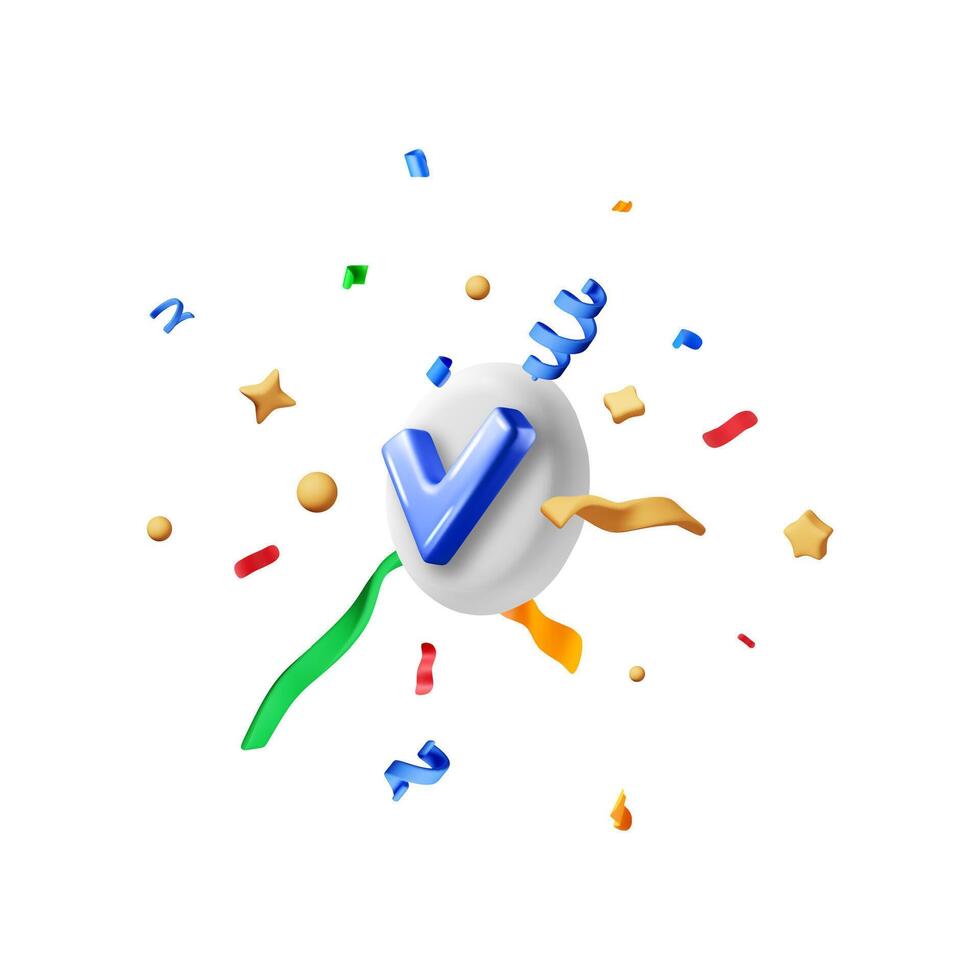 3D color party confetti with approved check mark. Render colorful confetti and checkmark. Color firecracker elements in various shapes vector