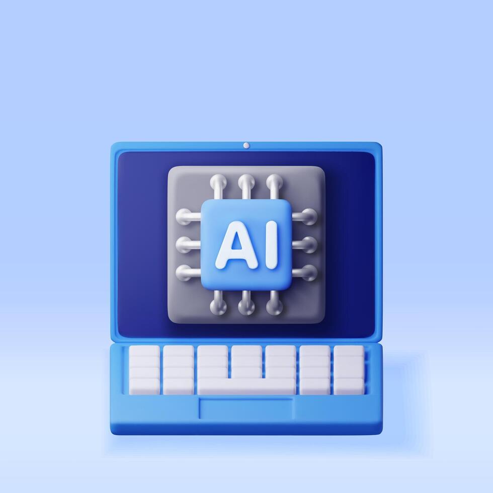 3d AI chip in laptop. Render artificial intelligence mobile computer chip set icon. AI processor in business, science work. vector