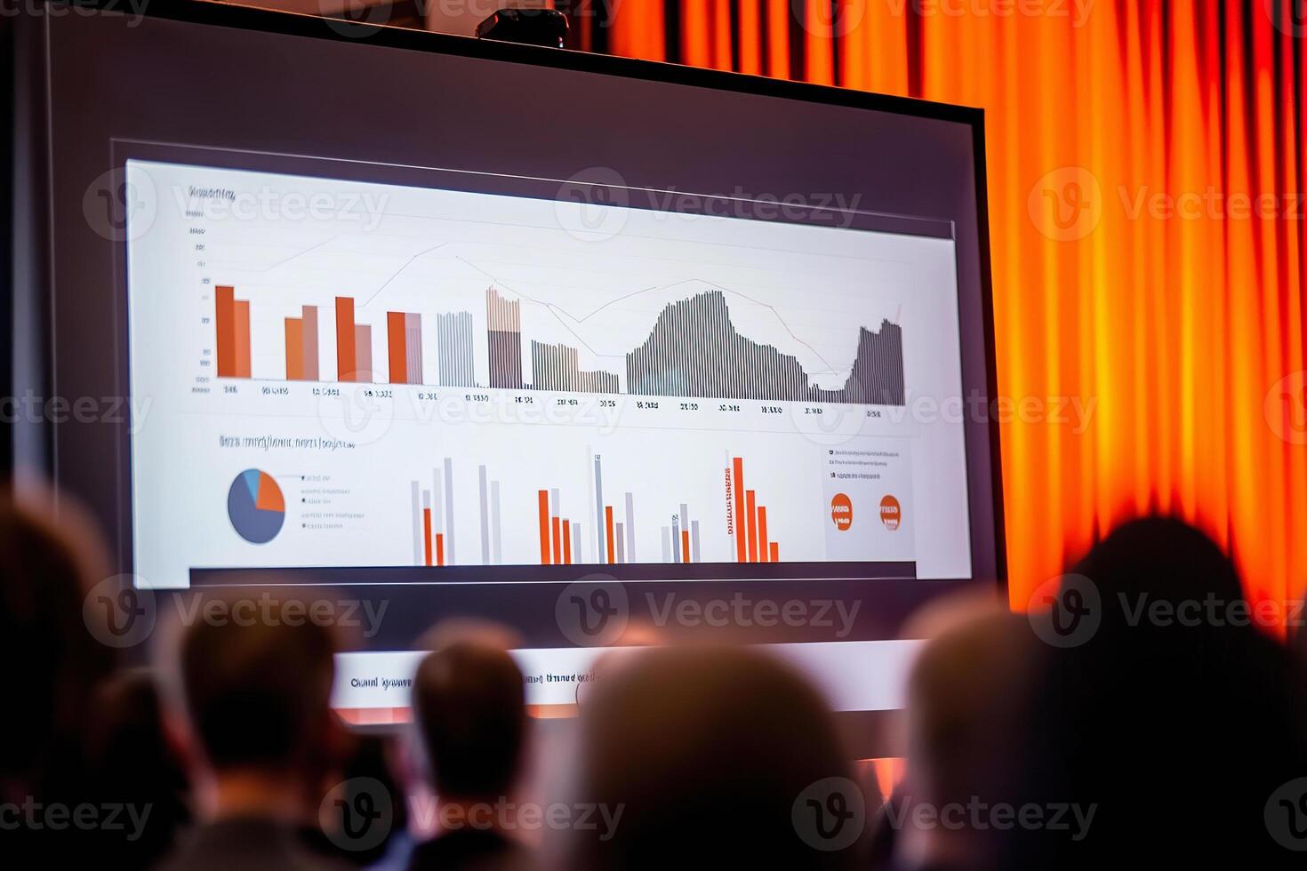 Marketing presentation features graphs and visuals presented to engaged audience members. photo