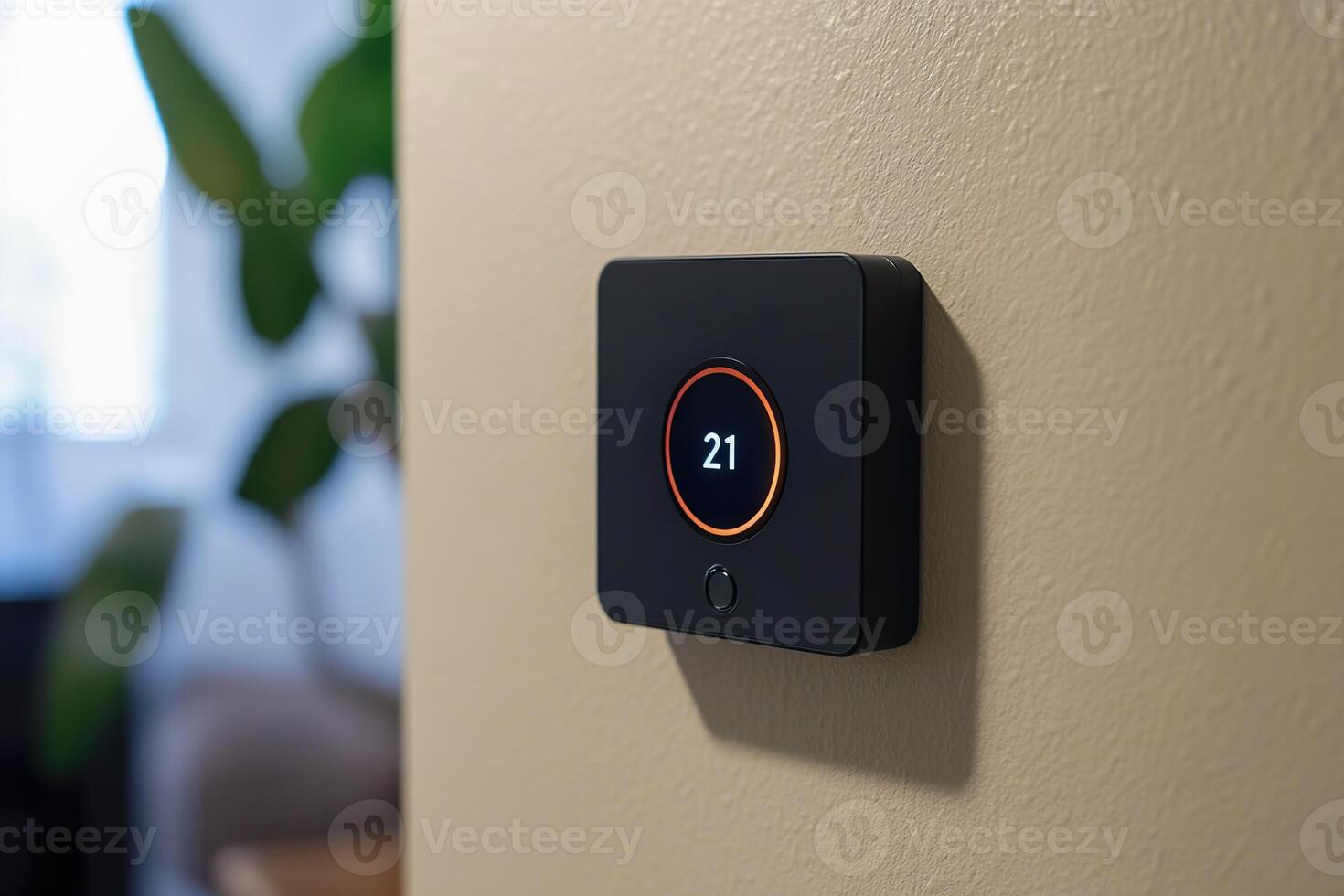 Smart home heating system interface with digital display shows temperature 21 degrees Celsius. photo