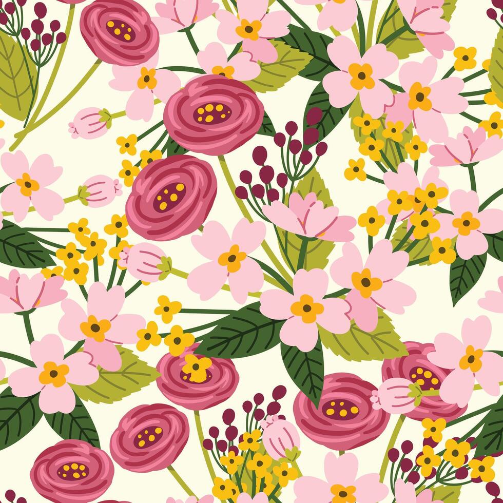 Seamless pattern of flowers, light yellow tone background, Modern floral pattern, Vintage floral background, Pattern for design wallpaper, Floral print design, Gift wrap paper and fashion prints. vector