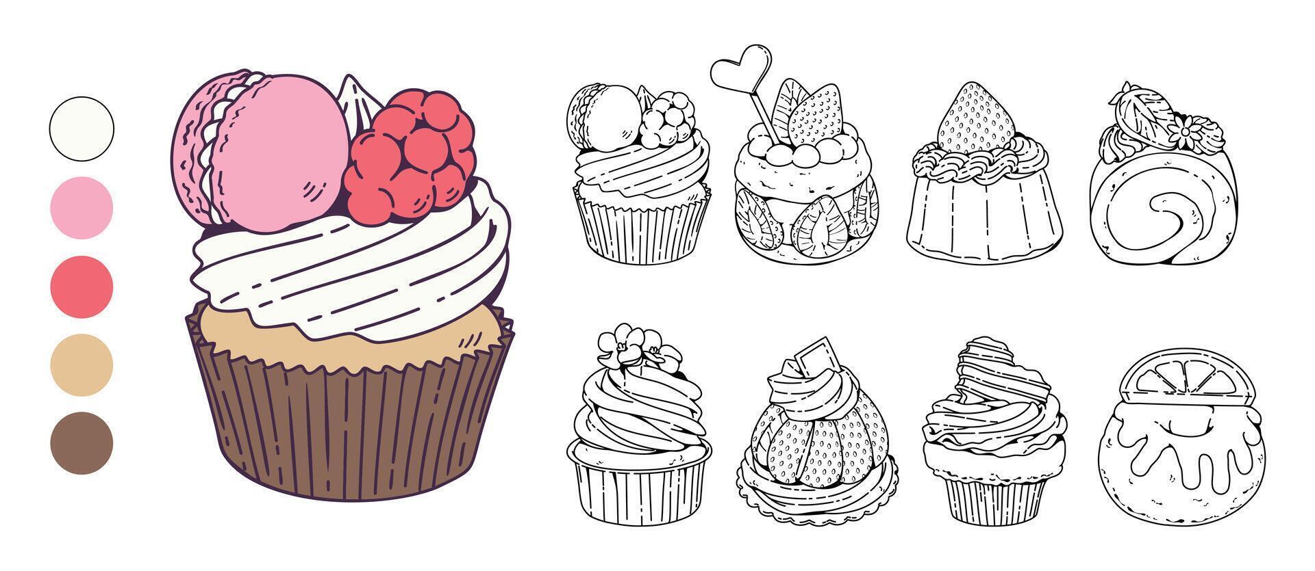 Dessert line art drawing, Beautiful dessert Outline Illustration. Hand Painted Doodle food. Collection of sweet cake. Perfect for food business, Patterns on various products and many others. vector