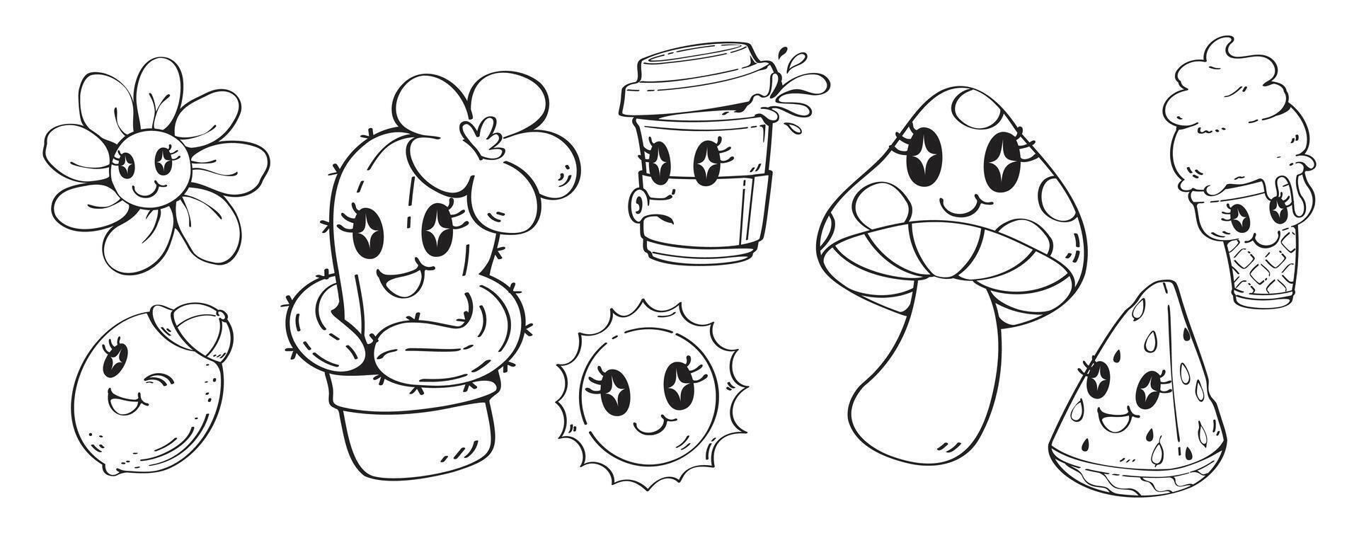 Line art funky cartoon. Retro set of groovy element. Clipart vintage funky hippy style. Funny cute characters Isolated linear hand doodle. vector