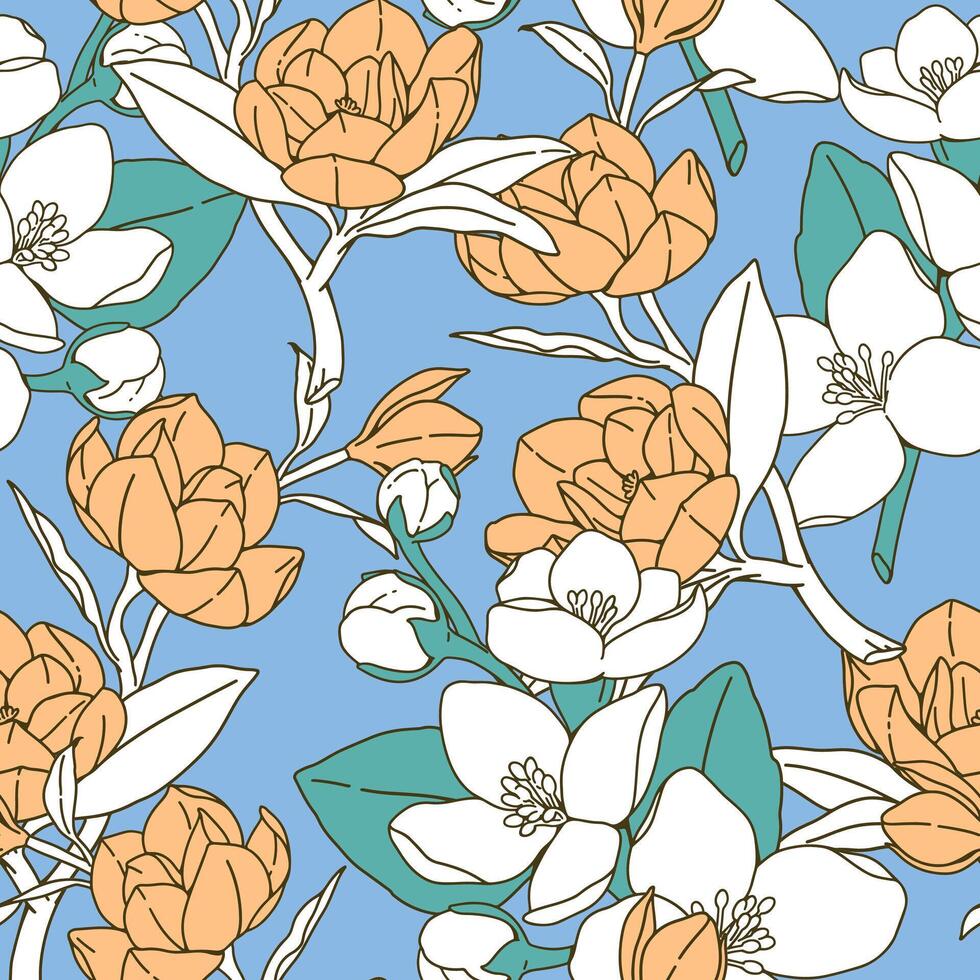 Seamless pattern of flowers, Blue tone background, Modern floral pattern, Vintage floral background, Pattern for design wallpaper, Floral print design, Gift wrap paper and fashion prints. vector