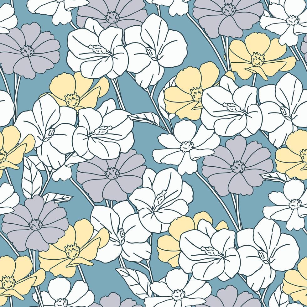 Floral pattern with 3 colors of white, grey and yellow on a blue background. vector