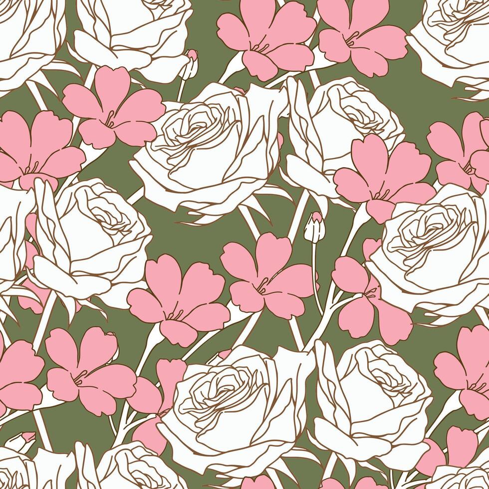 Floral pattern of white roses and small pink flowers on a green background vector