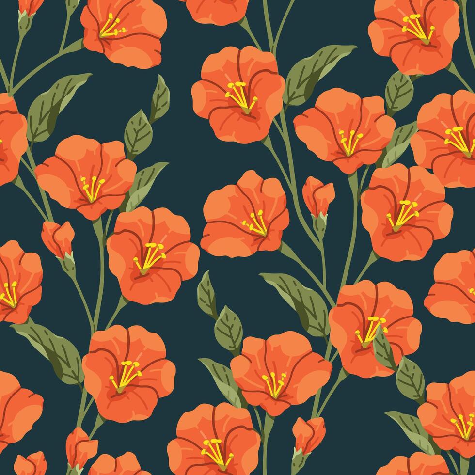 Bright orange floral pattern on navy blue background vector