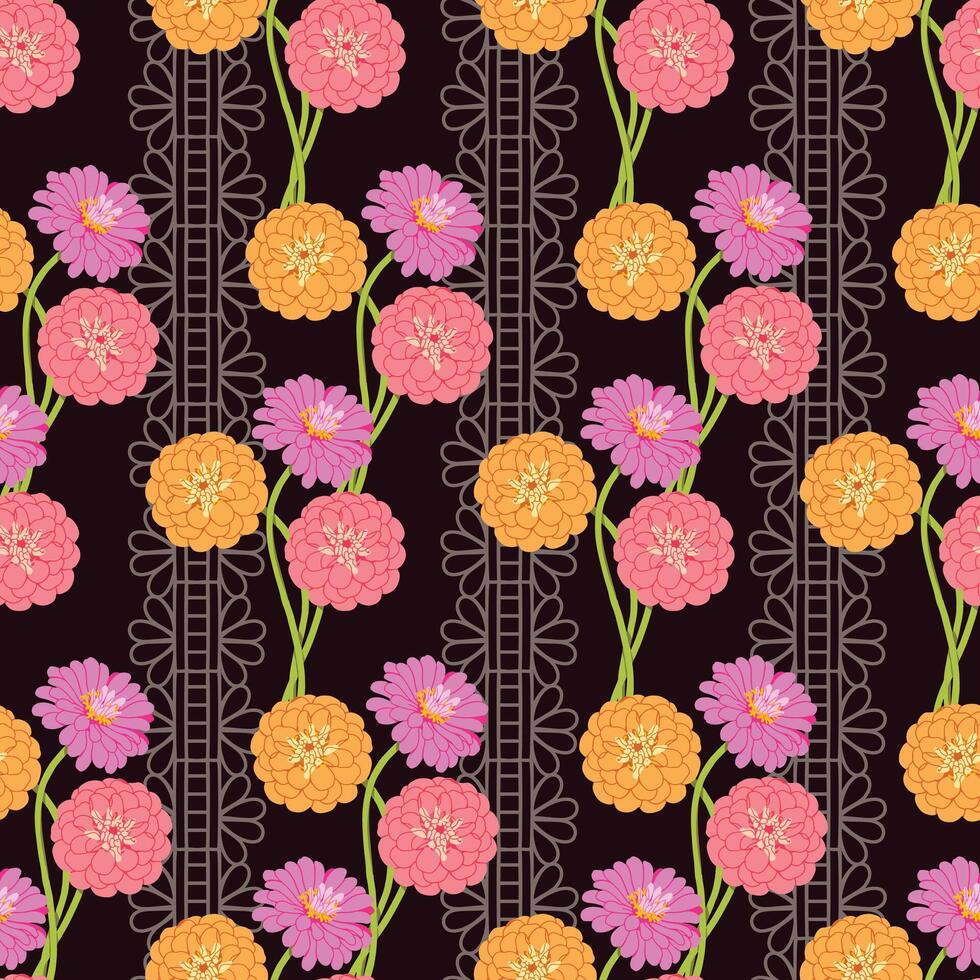 Tricolor floral pattern and lace on black background vector