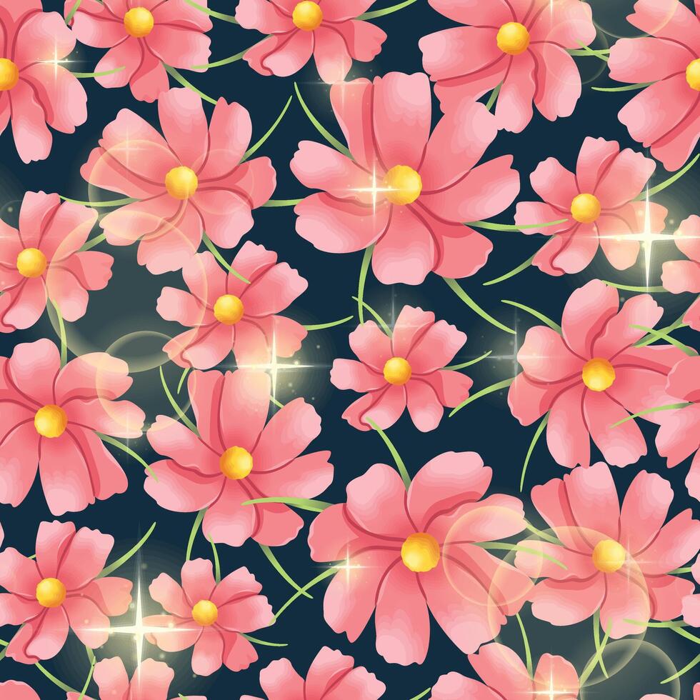 Seamless pattern of beautiful and realistic pink flowers with gold sparkles. Modern floral pattern, Vintage floral background, Pattern for design wallpaper, Gift wrap paper and fashion prints. vector