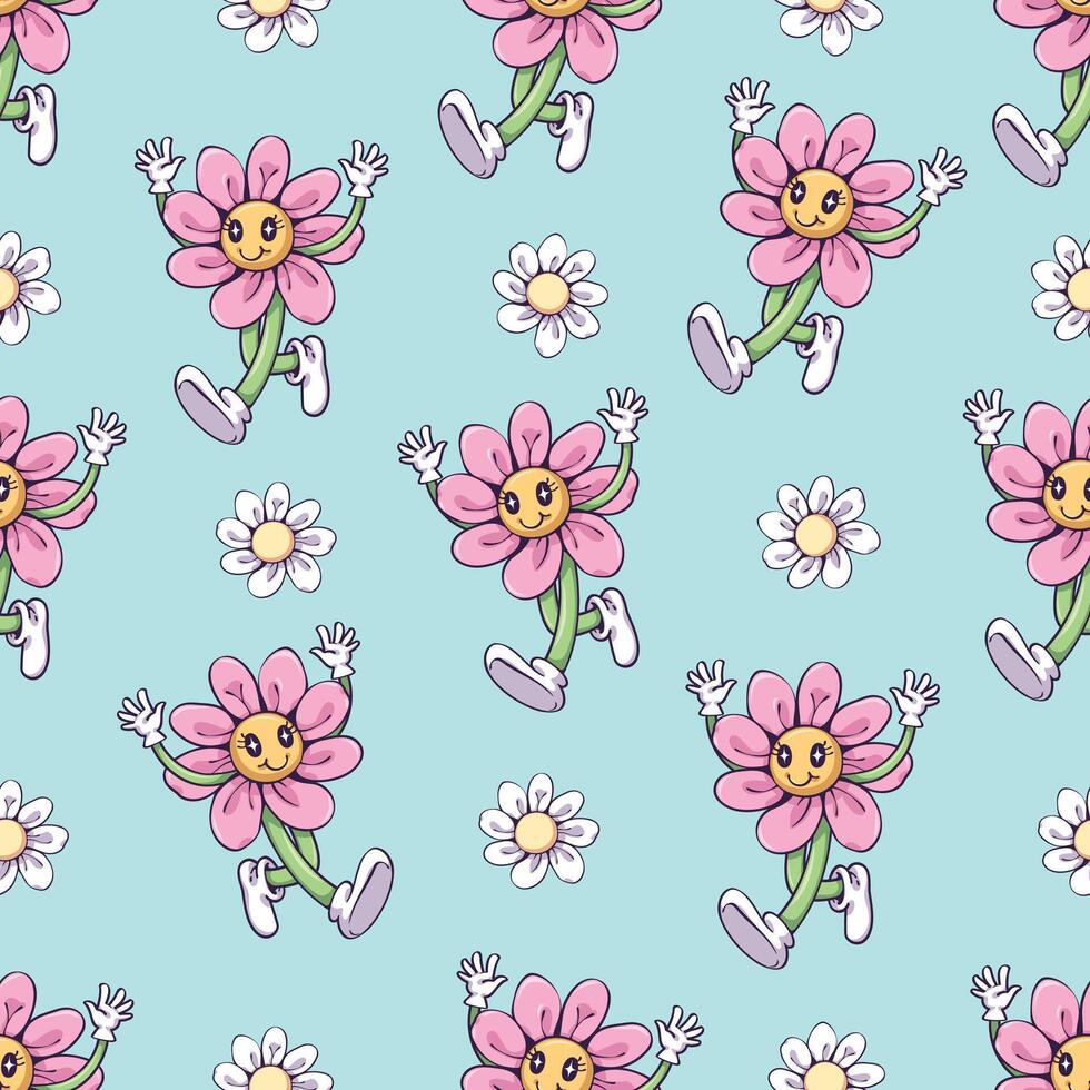 Seamless pattern of cute flower cartoon. Flower with a smiling face. Pattern for fabric and wrapping paper, Pattern for design wallpaper and fashion prints. vector