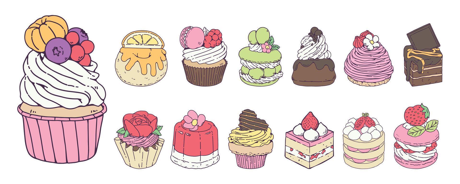 Various types of cakes on the line, Beautiful dessert outline Illustration. Hand Painted Doodle food. Collection of sweet cake. Perfect for food business, Patterns on various products and many others. vector